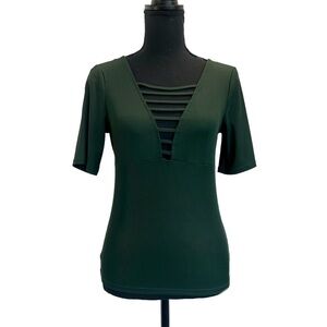 H&m dark forest green short sleeve lightly ribbed V-neck top Sz S
